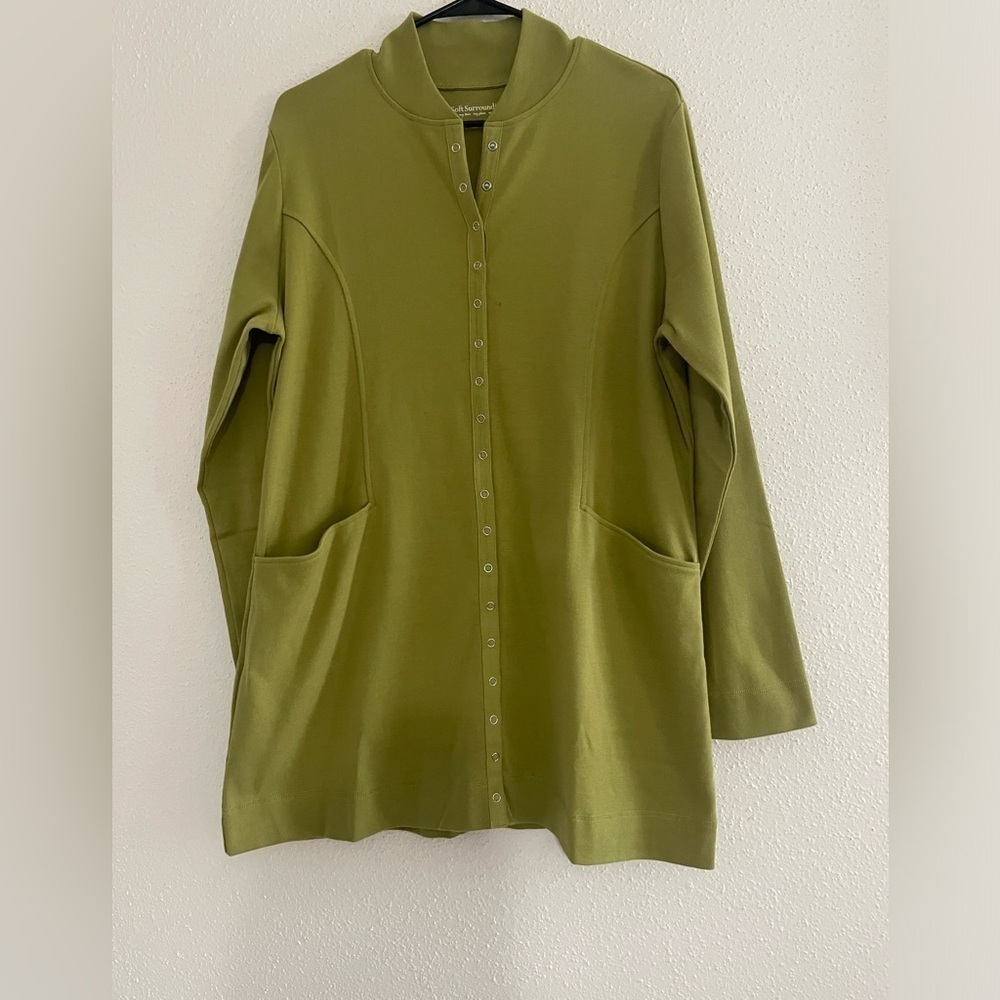 EUC Soft Surroundings Top Snap Front Green Cotton Long Sleeve Cardigan Large